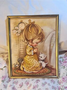 Vintage Framed Coby Praying Girl & Kitten